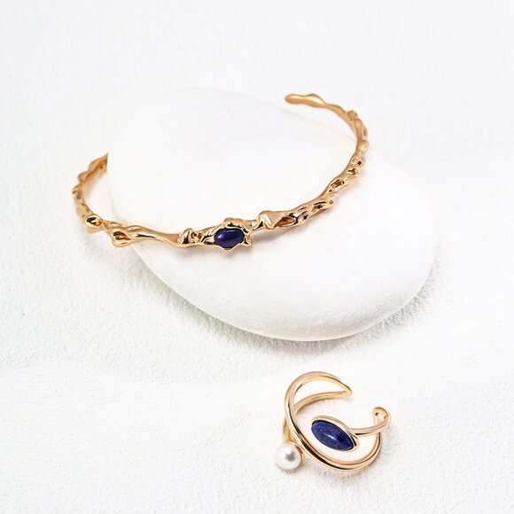 ✨ Artisan Original Lapis Lazuli & Pearl Bypass Ring | S925 Gold Adjustable - Picture 5 of 8